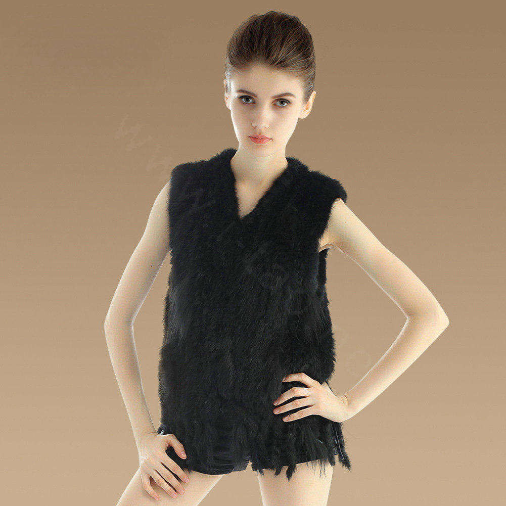Luxury Fashion Knitted Rabbit Fur Waistcoat With Raccoon Fur Tassels Women Gliet - Black