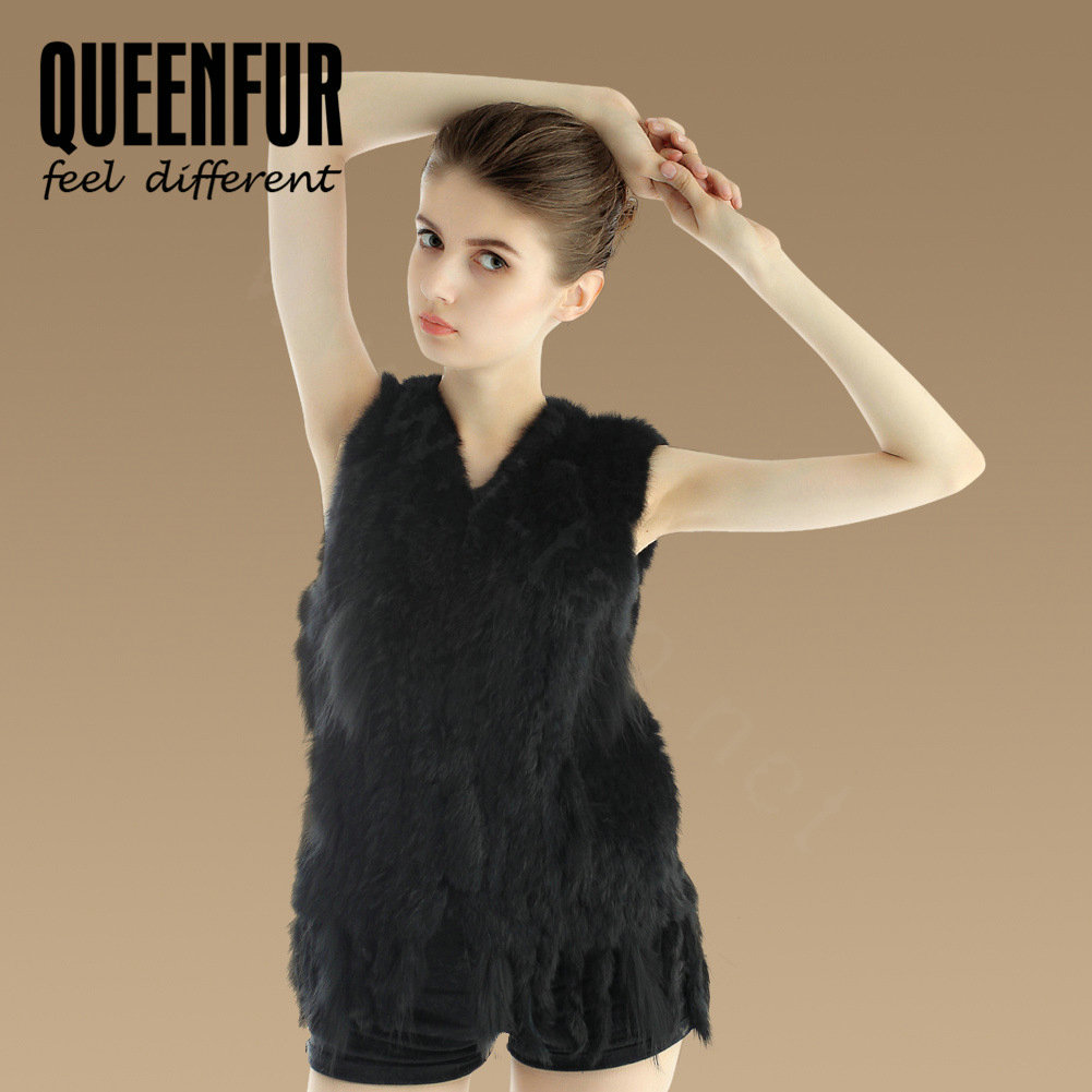 Luxury Fashion Knitted Rabbit Fur Waistcoat With Raccoon Fur Tassels Women Gliet - Black