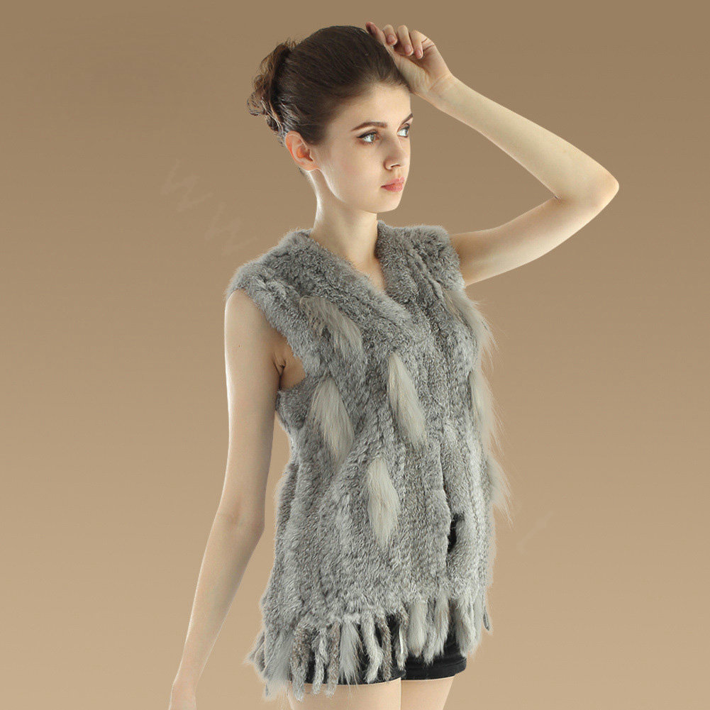 Luxury Fashion Knitted Rabbit Fur Waistcoat With Raccoon Fur Tassels Women Gliet - Nature Grey