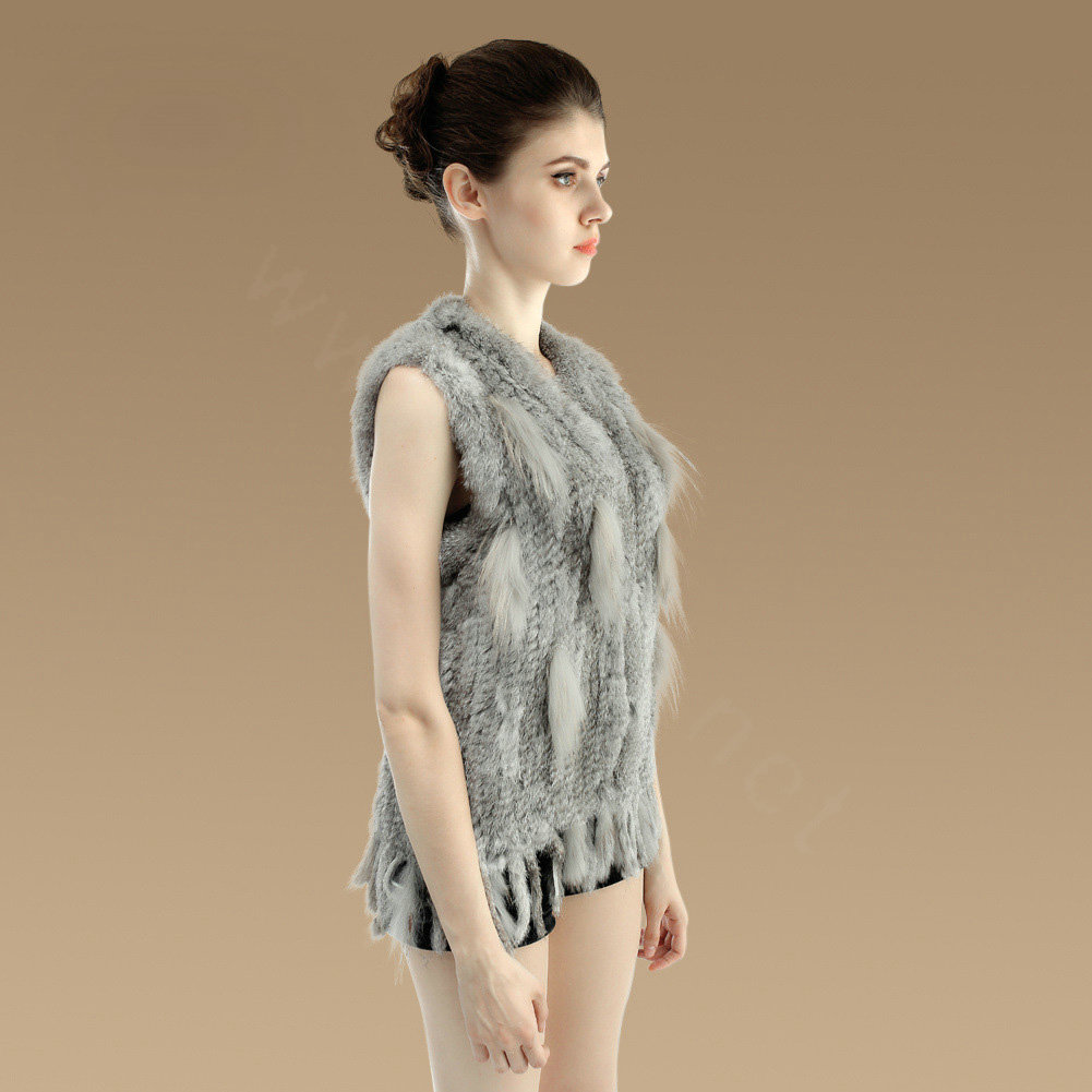 Luxury Fashion Knitted Rabbit Fur Waistcoat With Raccoon Fur Tassels Women Gliet - Nature Grey
