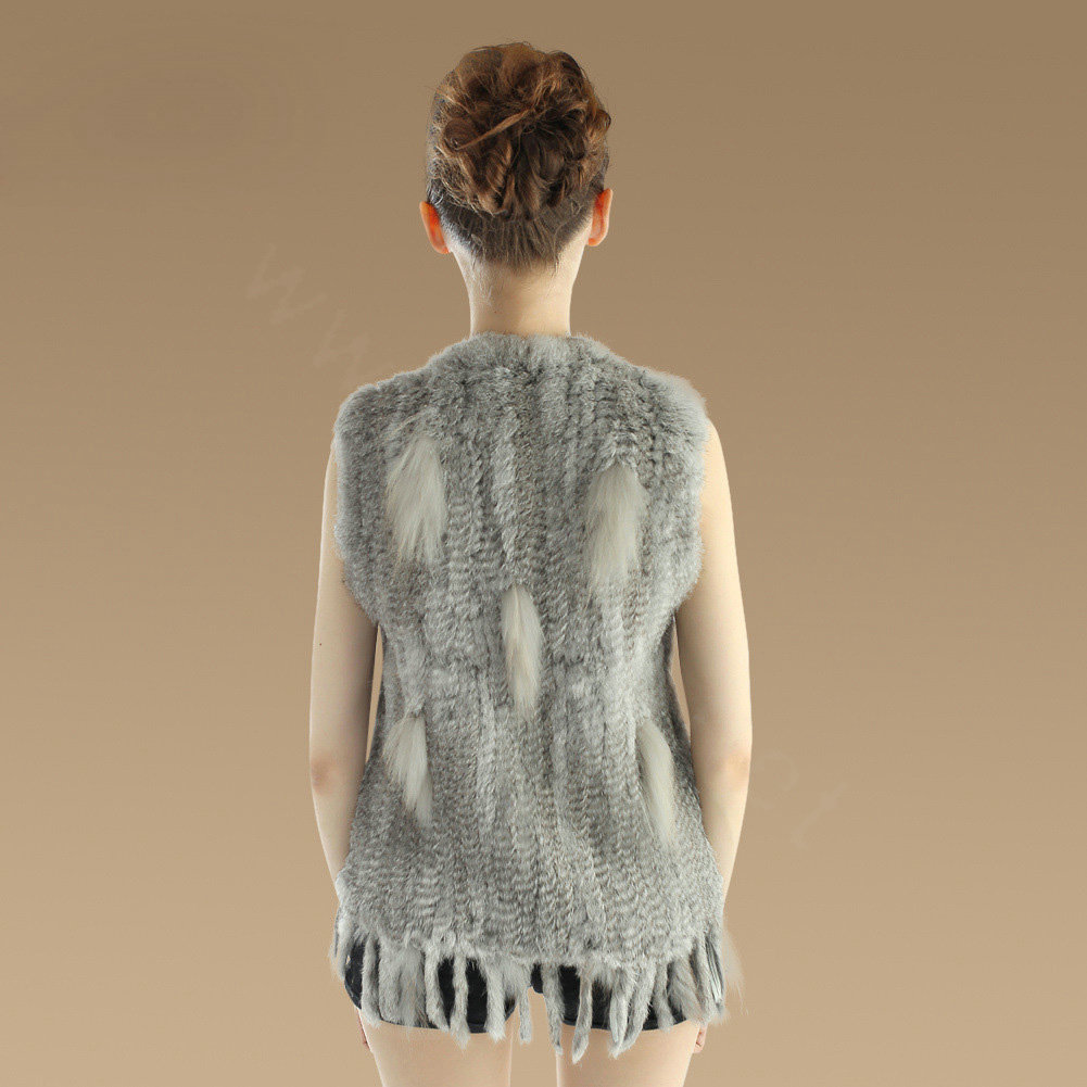 Luxury Fashion Knitted Rabbit Fur Waistcoat With Raccoon Fur Tassels Women Gliet - Nature Grey