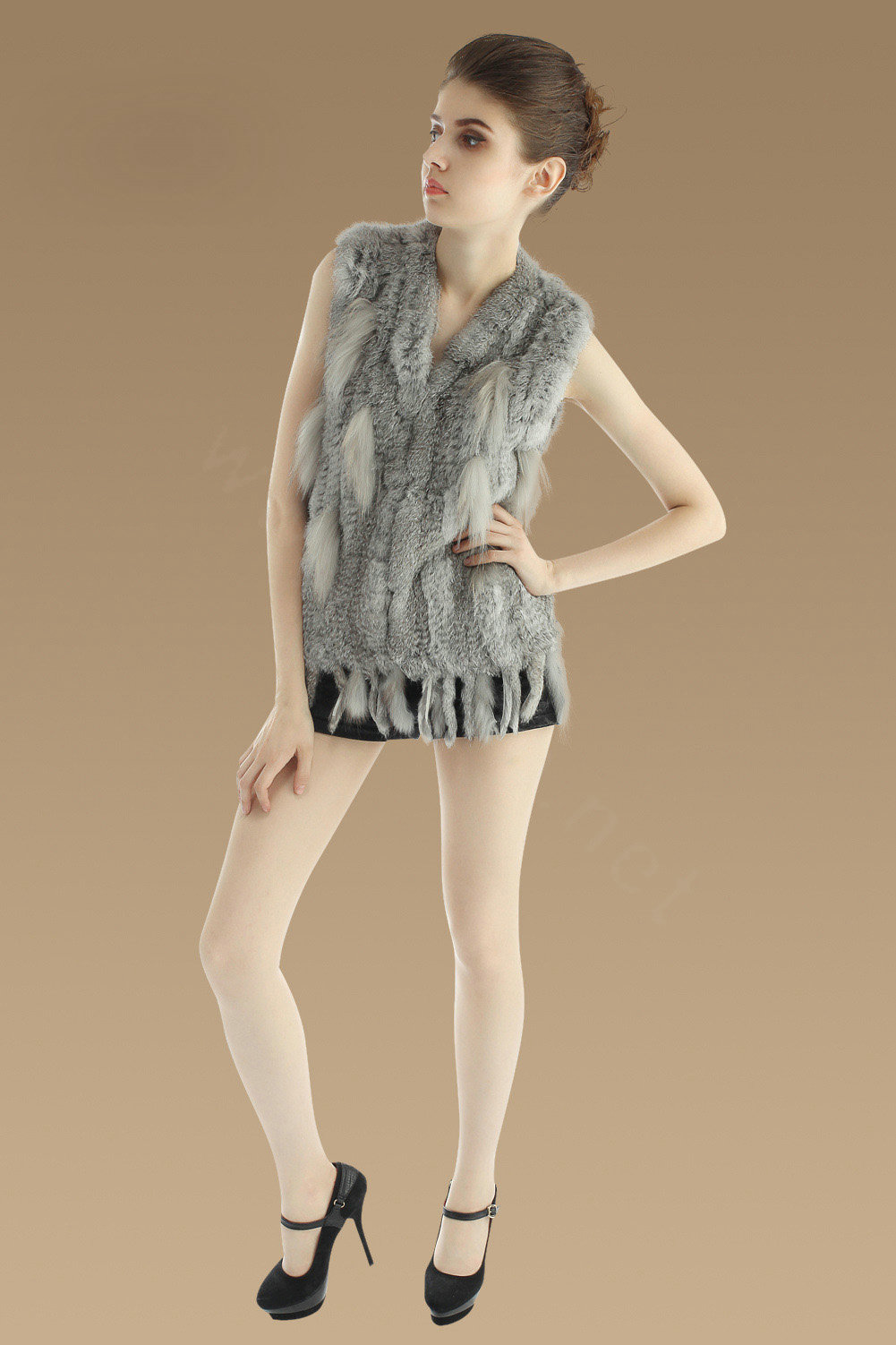 Luxury Fashion Knitted Rabbit Fur Waistcoat With Raccoon Fur Tassels Women Gliet - Nature Grey
