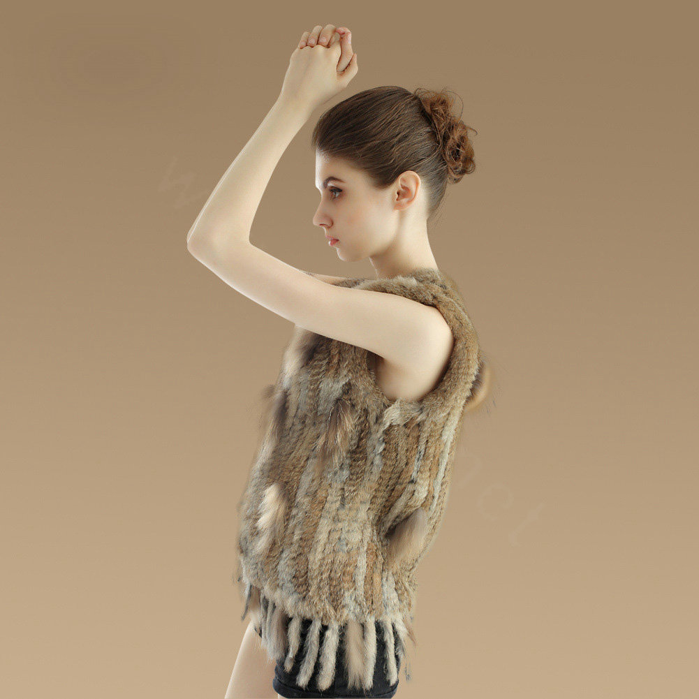 Luxury Fashion Knitted Rabbit Fur Waistcoat With Raccoon Fur Tassels Women Gliet - Nature Yellow