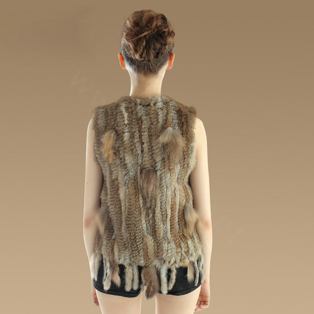 Luxury Fashion Knitted Rabbit Fur Waistcoat With Raccoon Fur Tassels Women Gliet - Nature Yellow