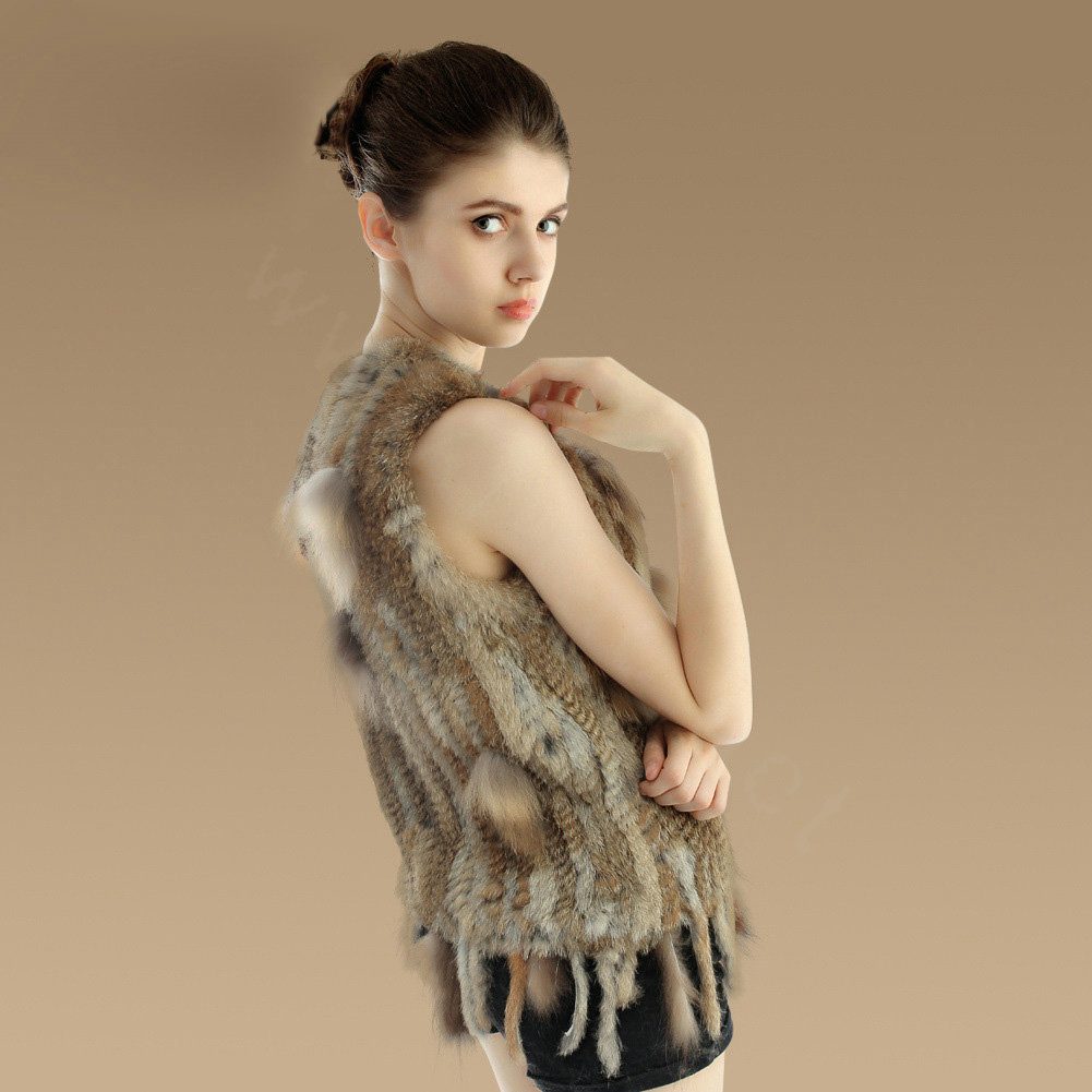 Luxury Fashion Knitted Rabbit Fur Waistcoat With Raccoon Fur Tassels Women Gliet - Nature Yellow