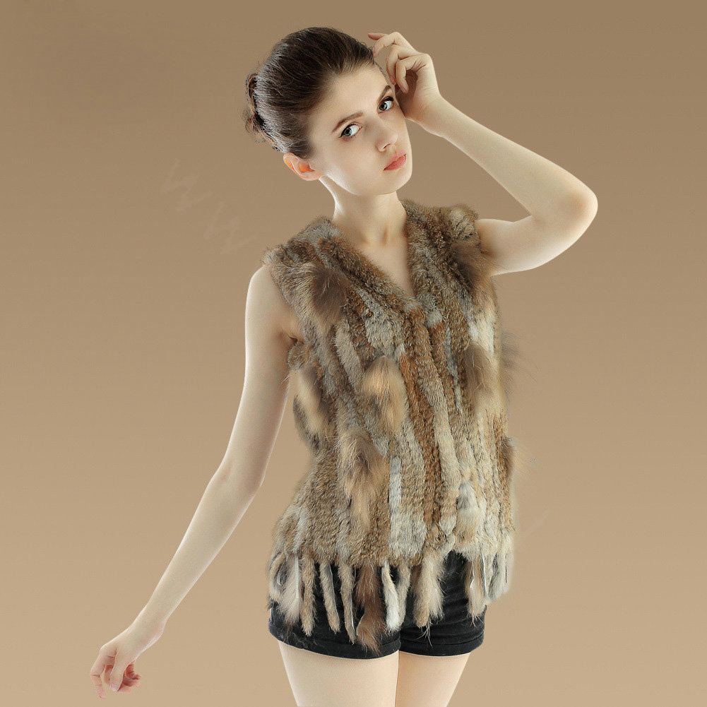 Luxury Fashion Knitted Rabbit Fur Waistcoat With Raccoon Fur Tassels Women Gliet - Nature Yellow