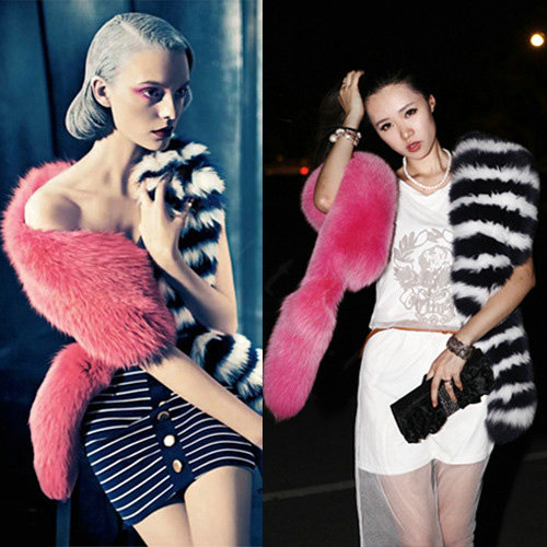 Luxury Fashion Rose Black and White Stripe Double Color Block Women Fox Fur Scarf Faux Fur Shawls Wraps