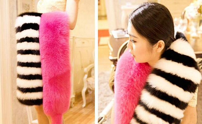 Luxury Fashion Rose Black and White Stripe Double Color Block Women Fox Fur Scarf Faux Fur Shawls Wraps