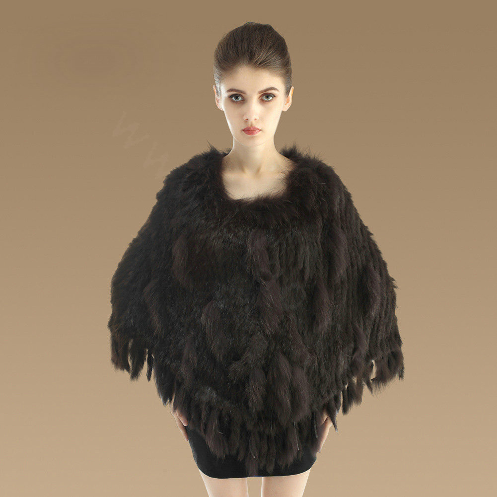 Luxury Fashion Women Genuine Knitted Rabbit Fur Shawl With Raccoon Fur Tassels Poncho - Coffee