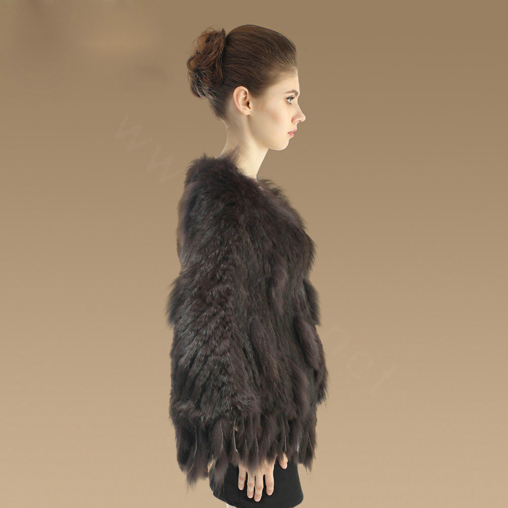 Luxury Fashion Women Genuine Knitted Rabbit Fur Shawl With Raccoon Fur Tassels Poncho - Coffee