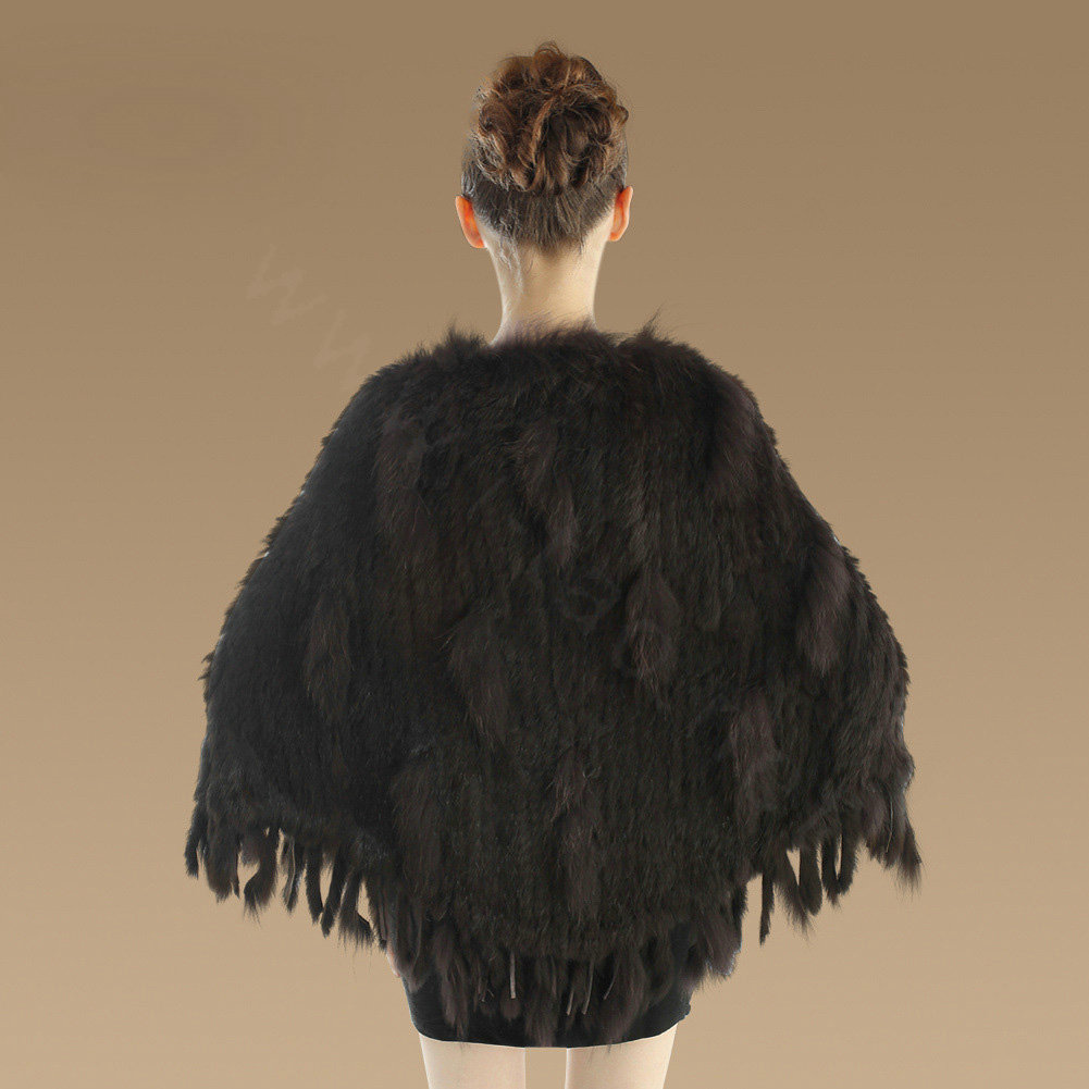 Luxury Fashion Women Genuine Knitted Rabbit Fur Shawl With Raccoon Fur Tassels Poncho - Coffee