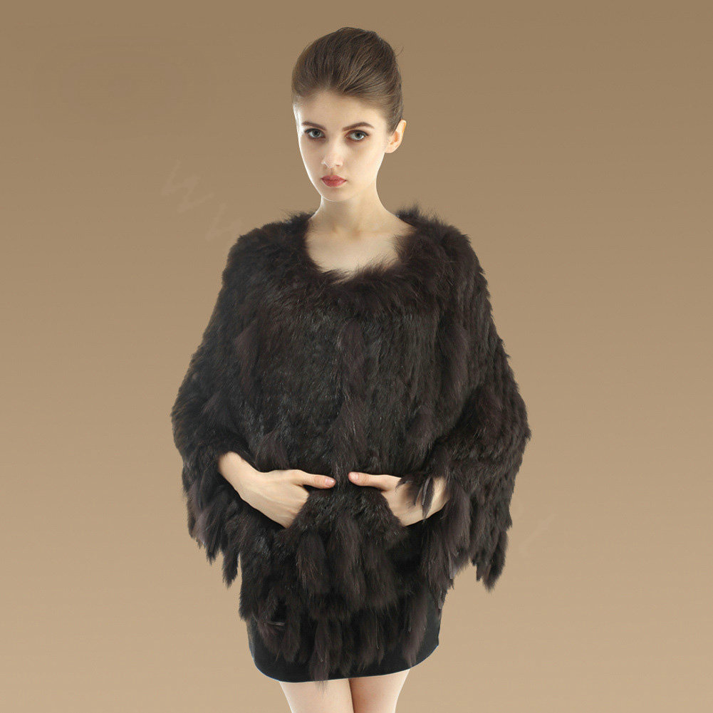 Luxury Fashion Women Genuine Knitted Rabbit Fur Shawl With Raccoon Fur Tassels Poncho - Coffee