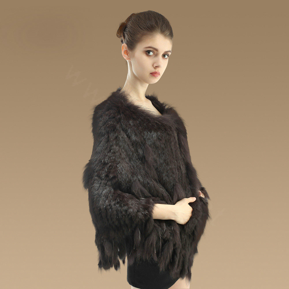 Luxury Fashion Women Genuine Knitted Rabbit Fur Shawl With Raccoon Fur Tassels Poncho - Coffee
