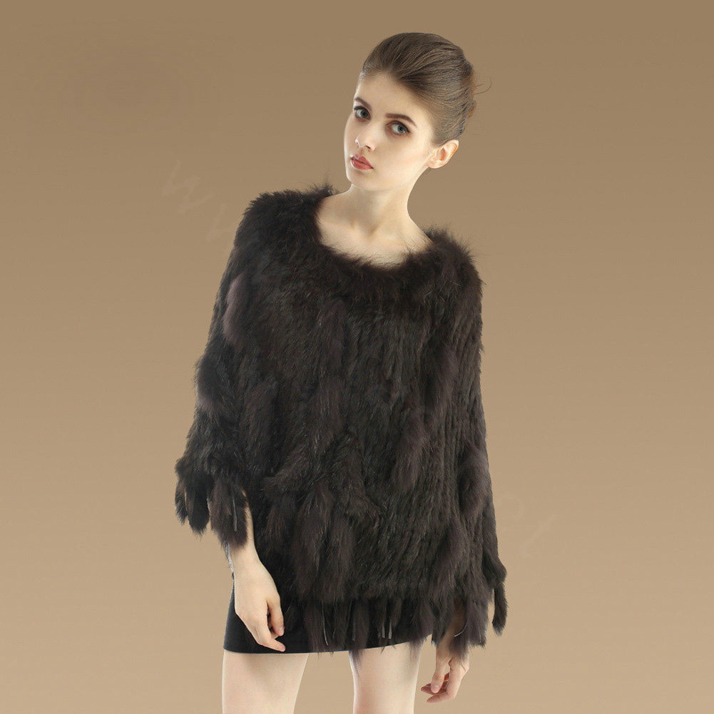 Luxury Fashion Women Genuine Knitted Rabbit Fur Shawl With Raccoon Fur Tassels Poncho - Coffee