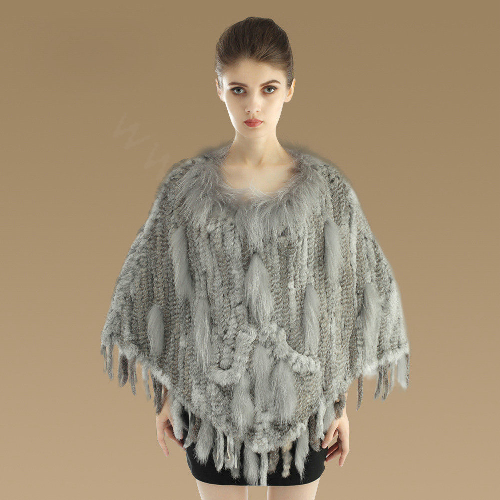 Luxury Fashion Women Genuine Knitted Rabbit Fur Shawl With Raccoon Fur Tassels Poncho - Grey