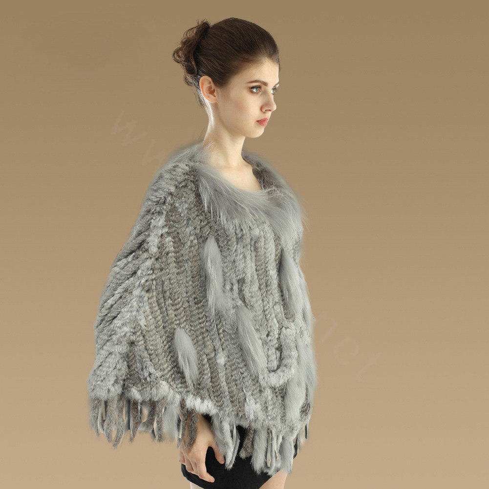Luxury Fashion Women Genuine Knitted Rabbit Fur Shawl With Raccoon Fur Tassels Poncho - Grey