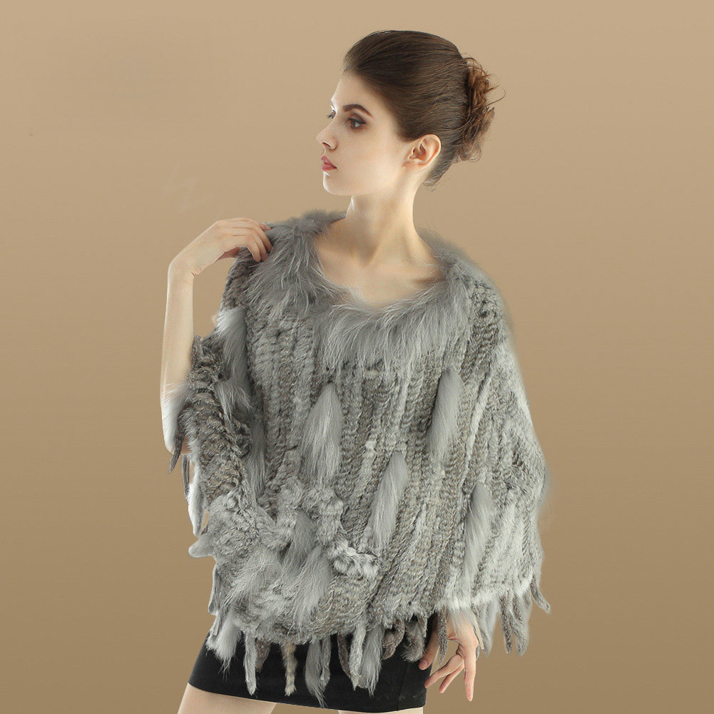 Luxury Fashion Women Genuine Knitted Rabbit Fur Shawl With Raccoon Fur Tassels Poncho - Grey