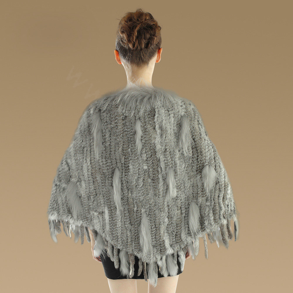 Luxury Fashion Women Genuine Knitted Rabbit Fur Shawl With Raccoon Fur Tassels Poncho - Grey