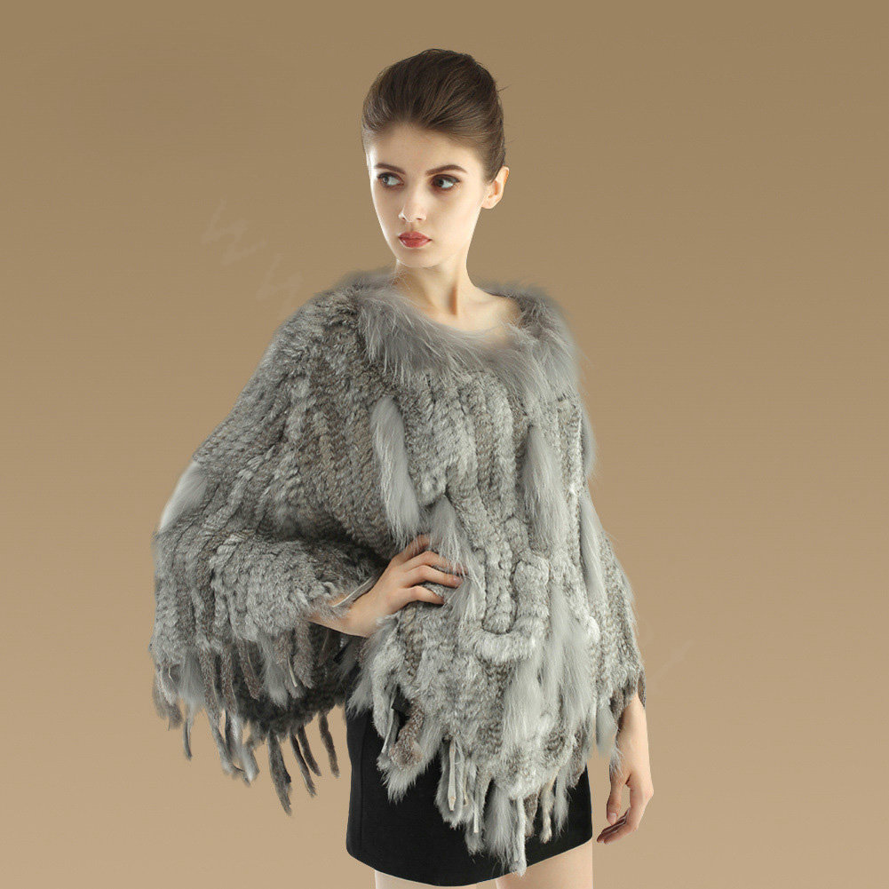 Luxury Fashion Women Genuine Knitted Rabbit Fur Shawl With Raccoon Fur Tassels Poncho - Grey