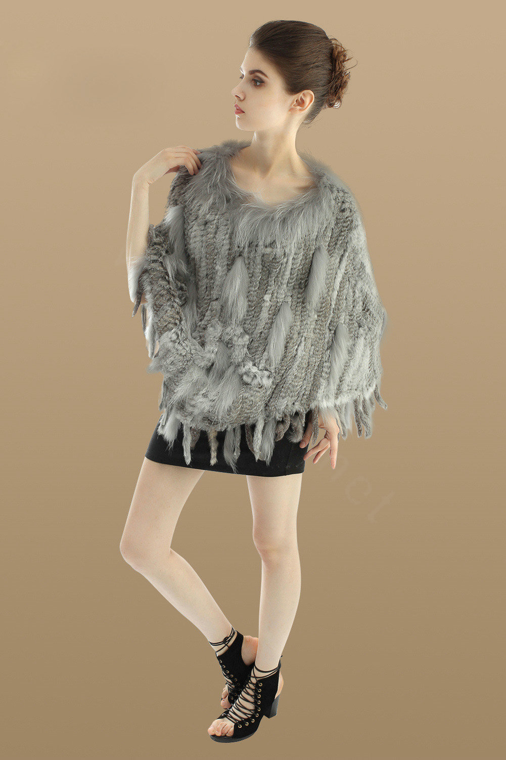 Luxury Fashion Women Genuine Knitted Rabbit Fur Shawl With Raccoon Fur Tassels Poncho - Grey