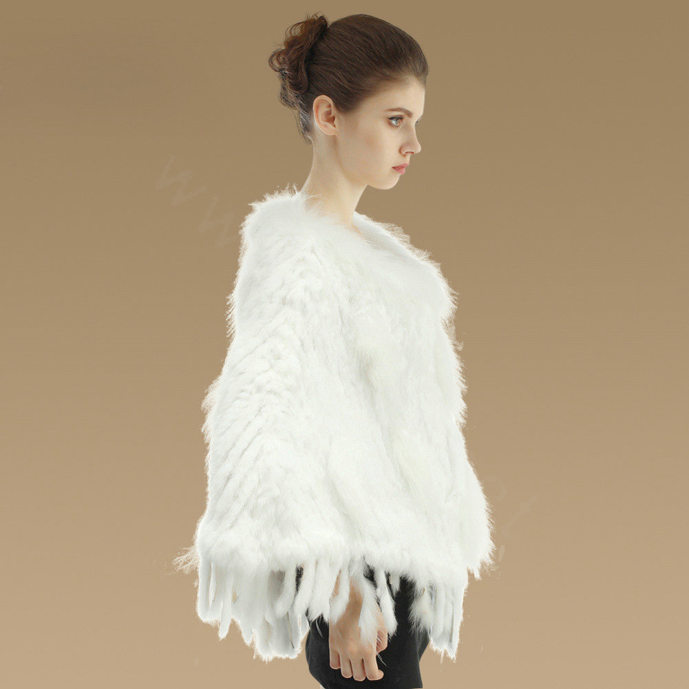 Luxury Fashion Women Genuine Knitted Rabbit Fur Shawl With Raccoon Fur Tassels Poncho - White