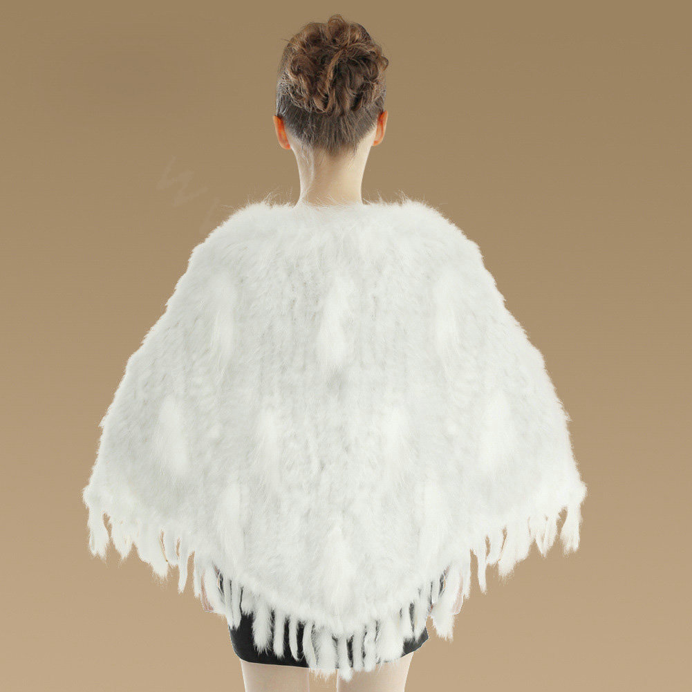 Luxury Fashion Women Genuine Knitted Rabbit Fur Shawl With Raccoon Fur Tassels Poncho - White