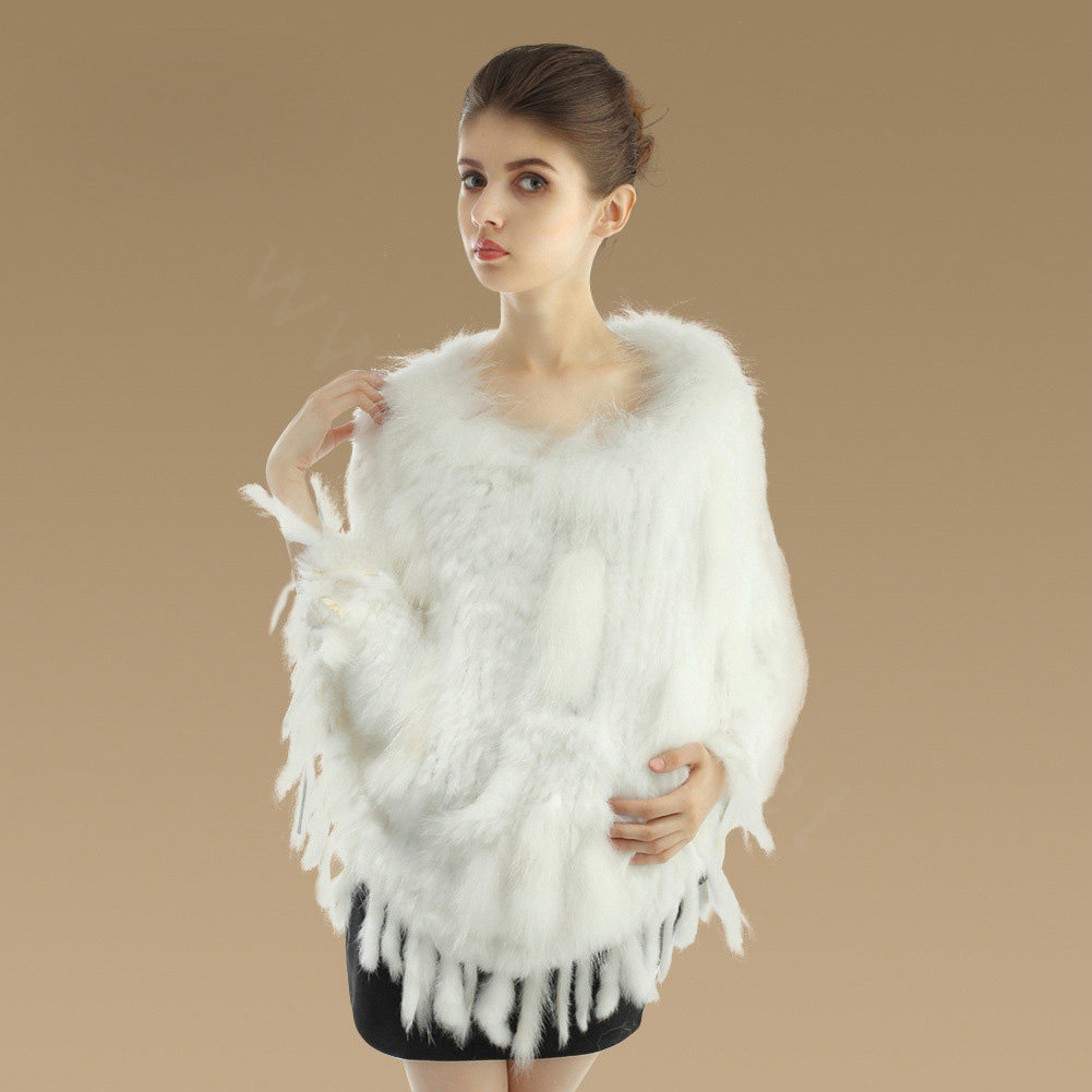 Luxury Fashion Women Genuine Knitted Rabbit Fur Shawl With Raccoon Fur Tassels Poncho - White