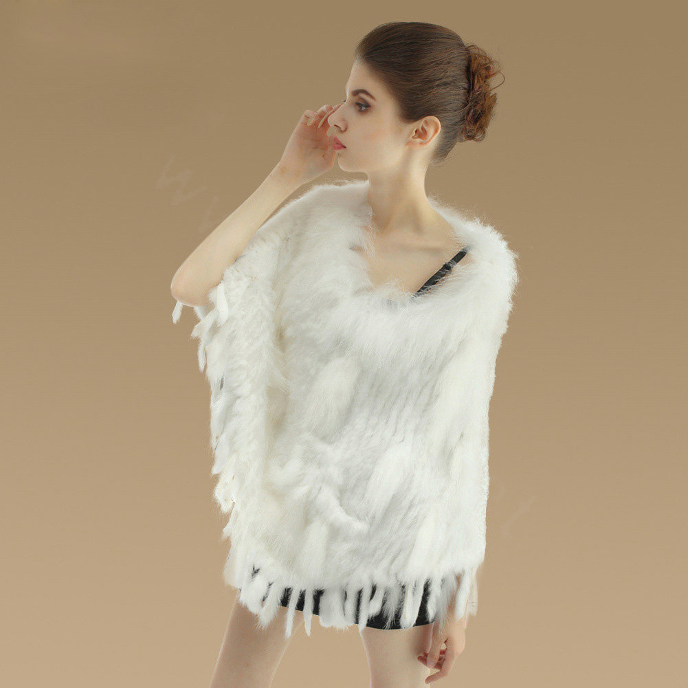 Luxury Fashion Women Genuine Knitted Rabbit Fur Shawl With Raccoon Fur Tassels Poncho - White