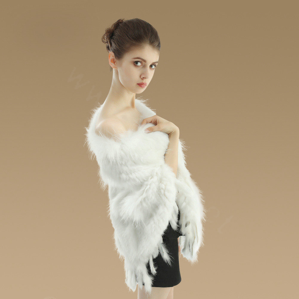 Luxury Fashion Women Genuine Knitted Rabbit Fur Shawl With Raccoon Fur Tassels Poncho - White