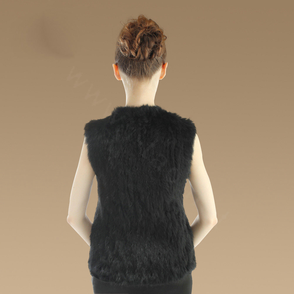 Luxury Genuine Knitting Nature Rabbit Fur Vest Fashion Women Winter Warm Fur Gilet - Black