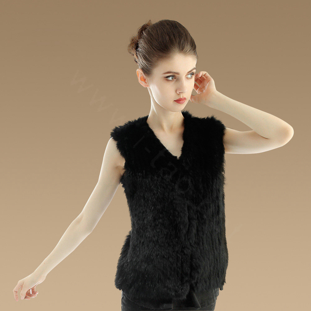 Luxury Genuine Knitting Nature Rabbit Fur Vest Fashion Women Winter Warm Fur Gilet - Black