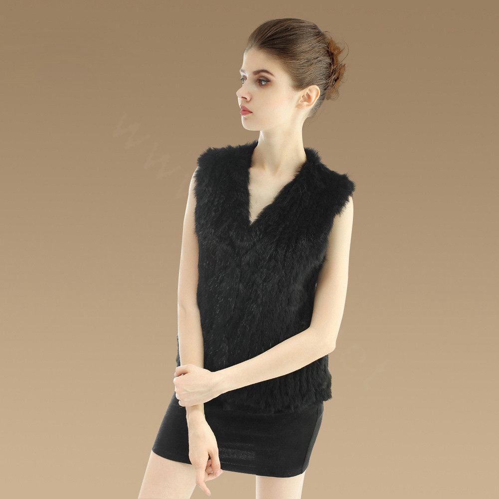 Luxury Genuine Knitting Nature Rabbit Fur Vest Fashion Women Winter Warm Fur Gilet - Black