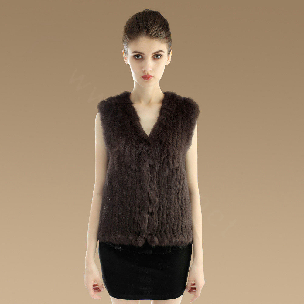 Luxury Genuine Knitting Nature Rabbit Fur Vest Fashion Women Winter Warm Fur Gilet - Coffee