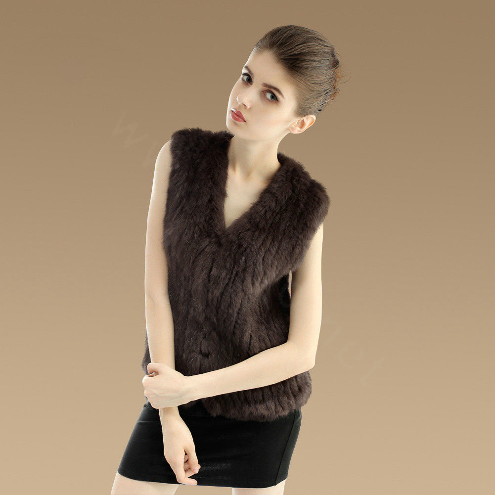 Luxury Genuine Knitting Nature Rabbit Fur Vest Fashion Women Winter Warm Fur Gilet - Coffee
