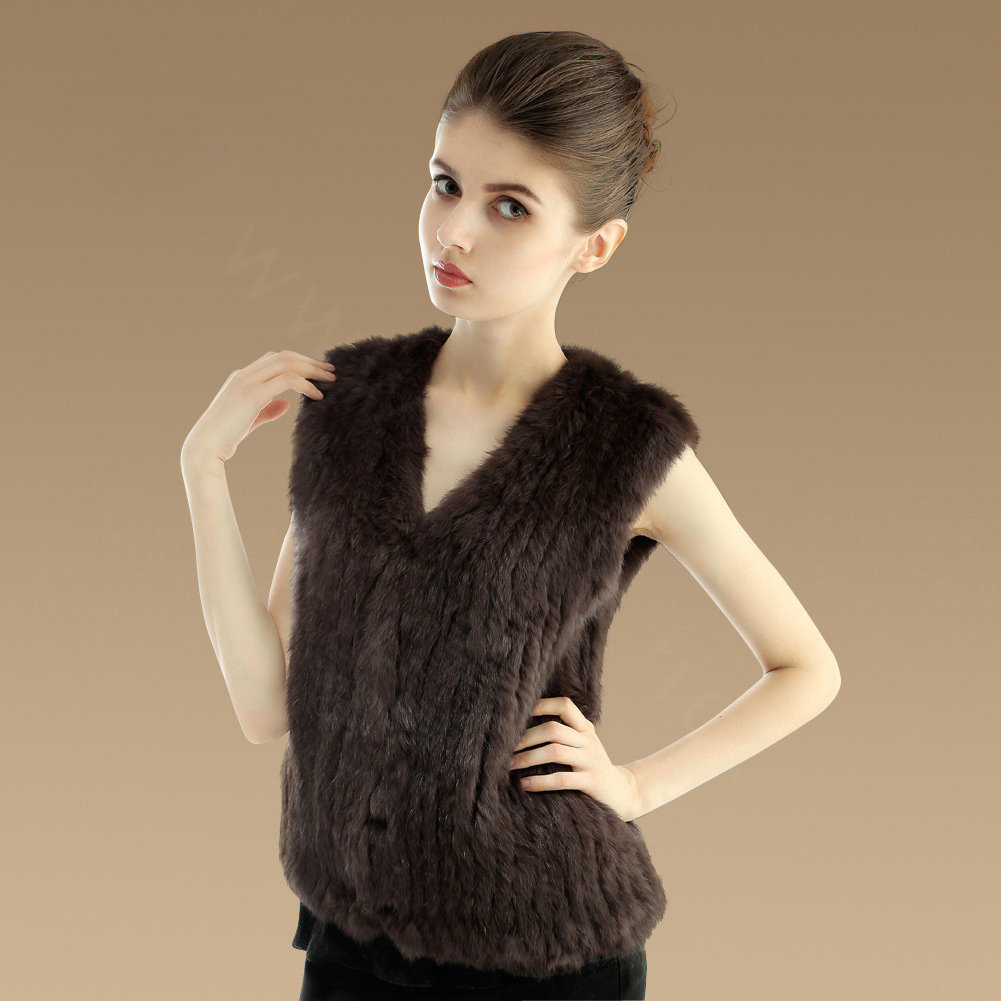 Luxury Genuine Knitting Nature Rabbit Fur Vest Fashion Women Winter Warm Fur Gilet - Coffee