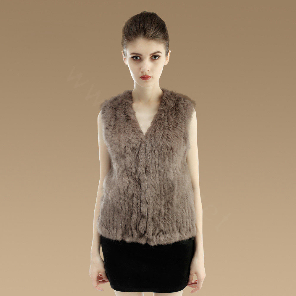Luxury Genuine Knitting Nature Rabbit Fur Vest Fashion Women Winter Warm Fur Gilet - Khaki