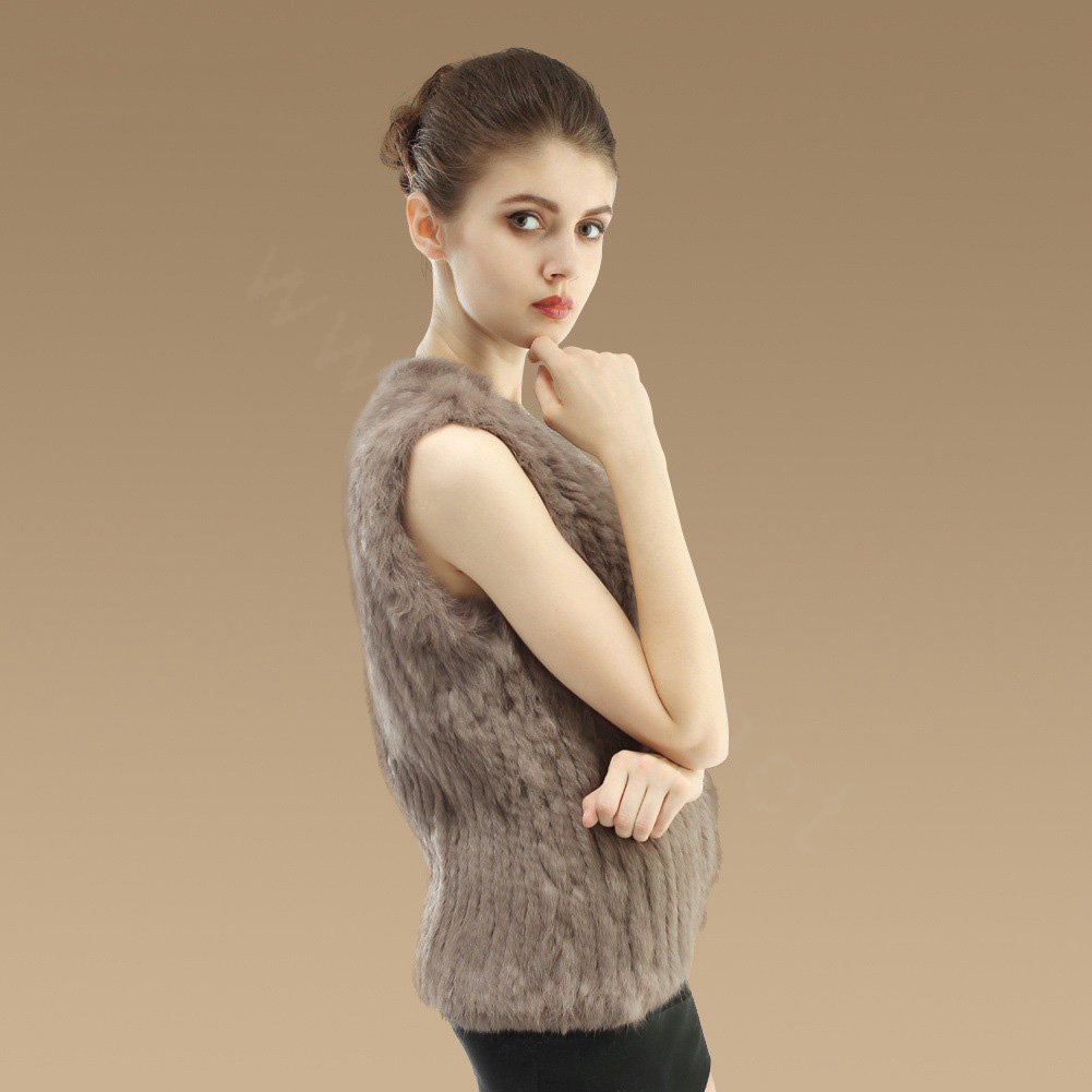 Luxury Genuine Knitting Nature Rabbit Fur Vest Fashion Women Winter Warm Fur Gilet - Khaki