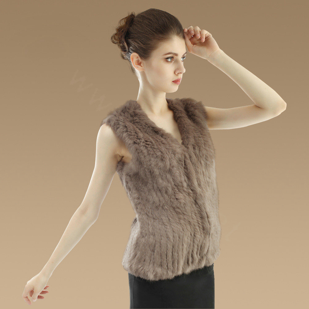 Luxury Genuine Knitting Nature Rabbit Fur Vest Fashion Women Winter Warm Fur Gilet - Khaki