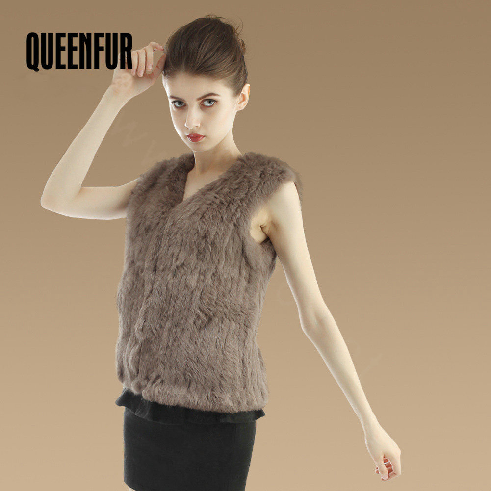 Luxury Genuine Knitting Nature Rabbit Fur Vest Fashion Women Winter Warm Fur Gilet - Khaki