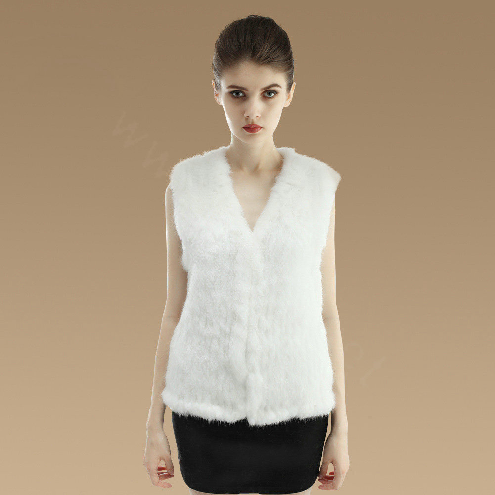 Luxury Genuine Knitting Nature Rabbit Fur Vest Fashion Women Winter Warm Fur Gilet - White
