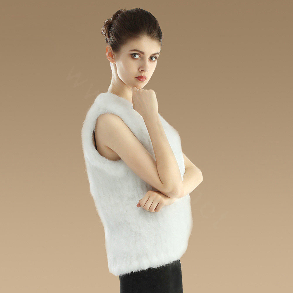 Luxury Genuine Knitting Nature Rabbit Fur Vest Fashion Women Winter Warm Fur Gilet - White
