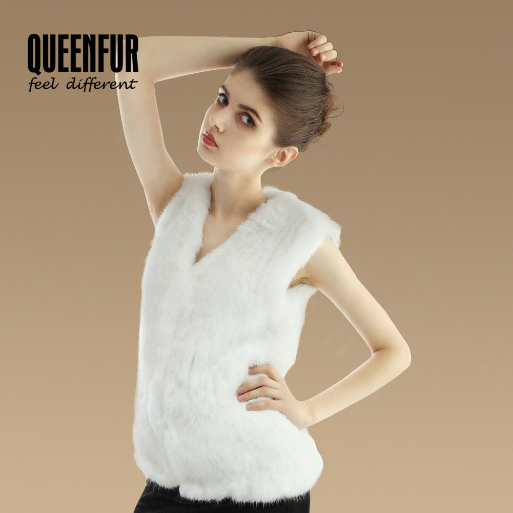 Luxury Genuine Knitting Nature Rabbit Fur Vest Fashion Women Winter Warm Fur Gilet - White