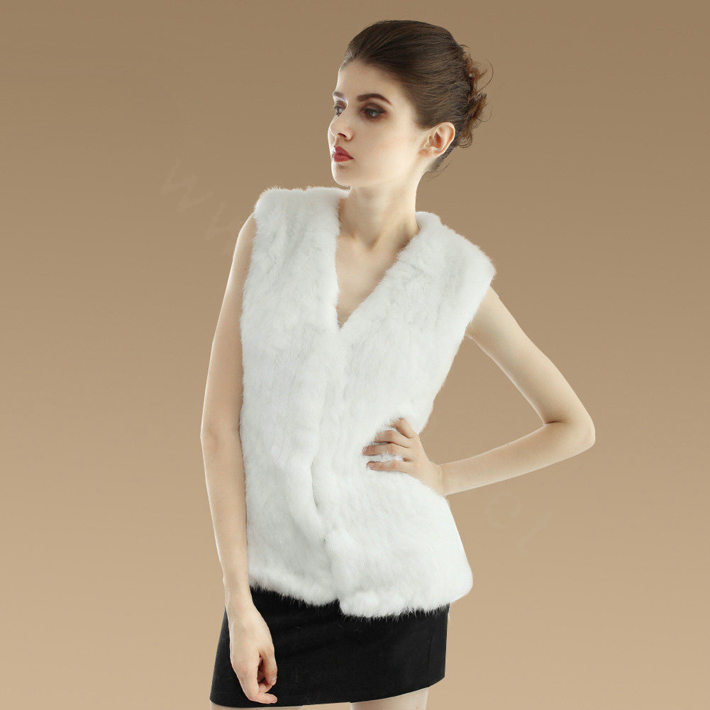 Luxury Genuine Knitting Nature Rabbit Fur Vest Fashion Women Winter Warm Fur Gilet - White