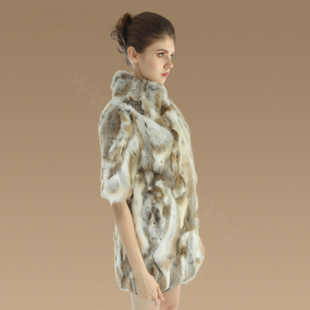 Luxury Genuine Rabbit Fur Coat Women Long Winter Warm Stand Collar Fur Outwear - Natural Brown