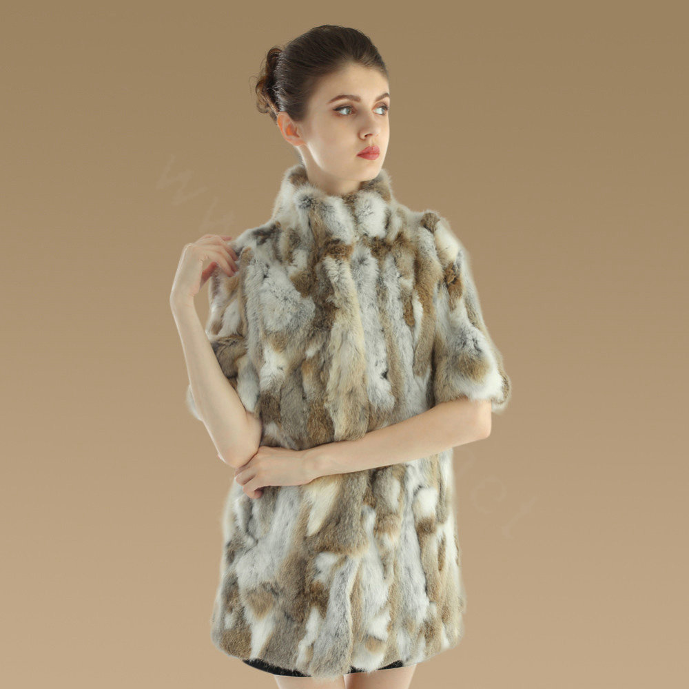 Luxury Genuine Rabbit Fur Coat Women Long Winter Warm Stand Collar Fur Outwear - Natural Brown