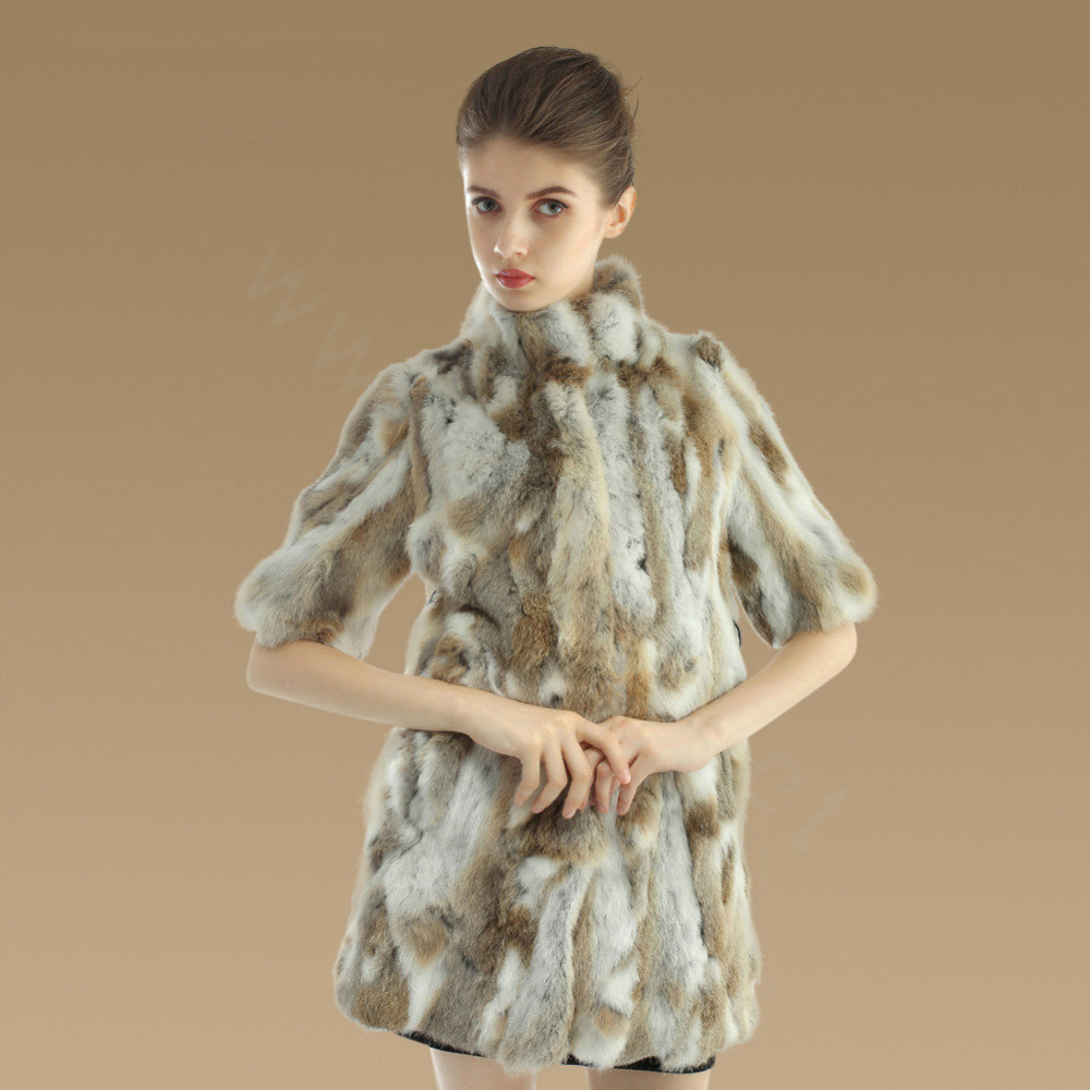 Luxury Genuine Rabbit Fur Coat Women Long Winter Warm Stand Collar Fur Outwear - Natural Brown