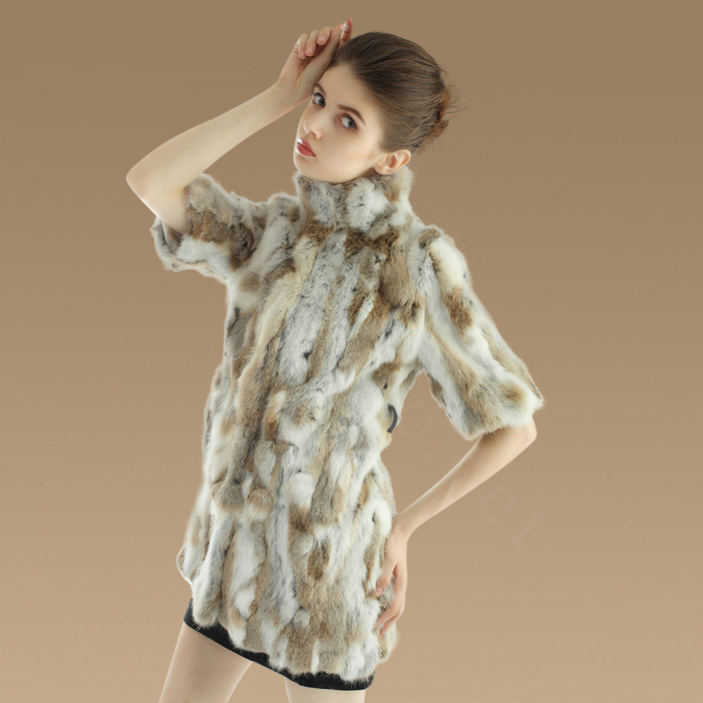 Luxury Genuine Rabbit Fur Coat Women Long Winter Warm Stand Collar Fur Outwear - Natural Brown