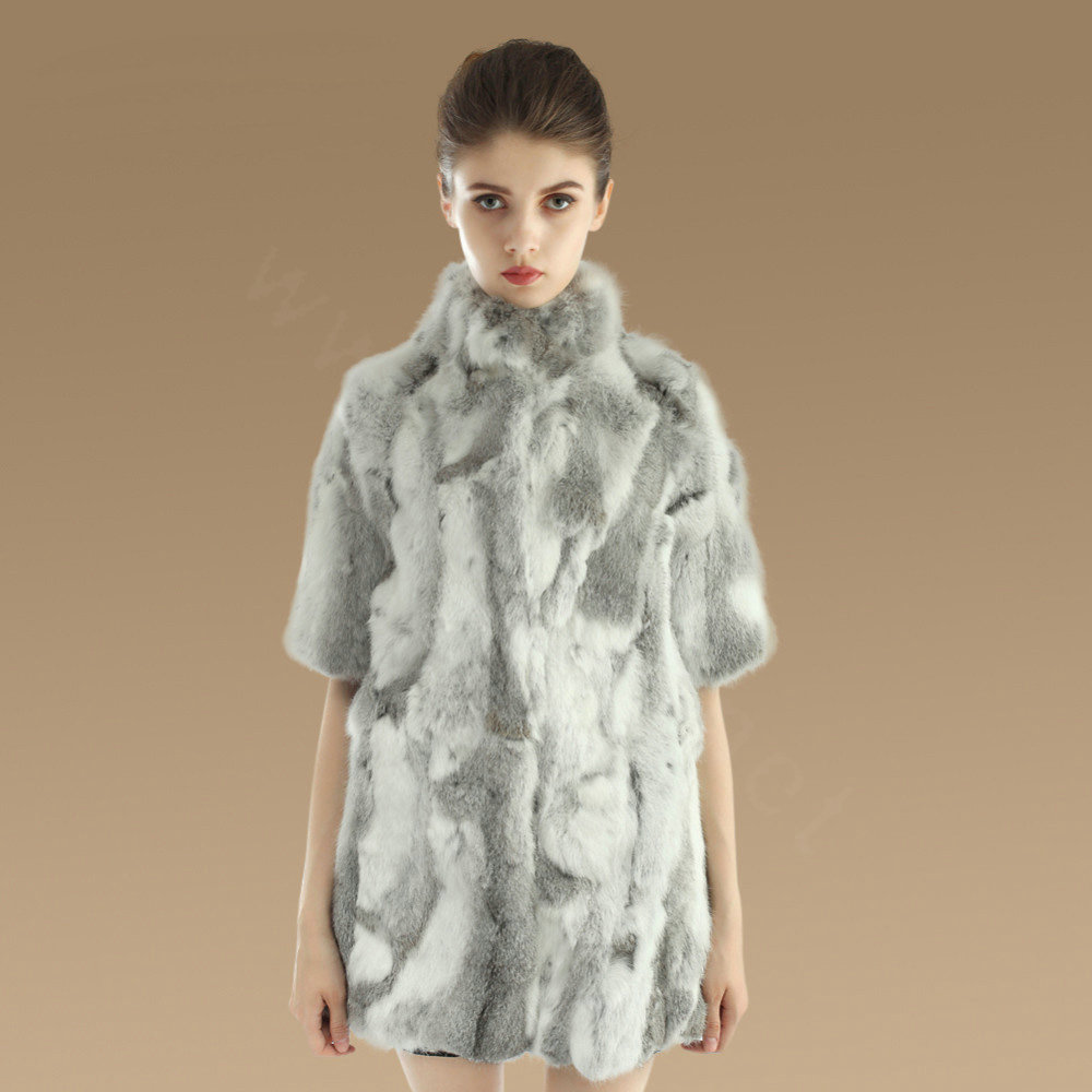 Luxury Genuine Rabbit Fur Coat Women Long Winter Warm Stand Collar Fur Outwear - Natural Grey