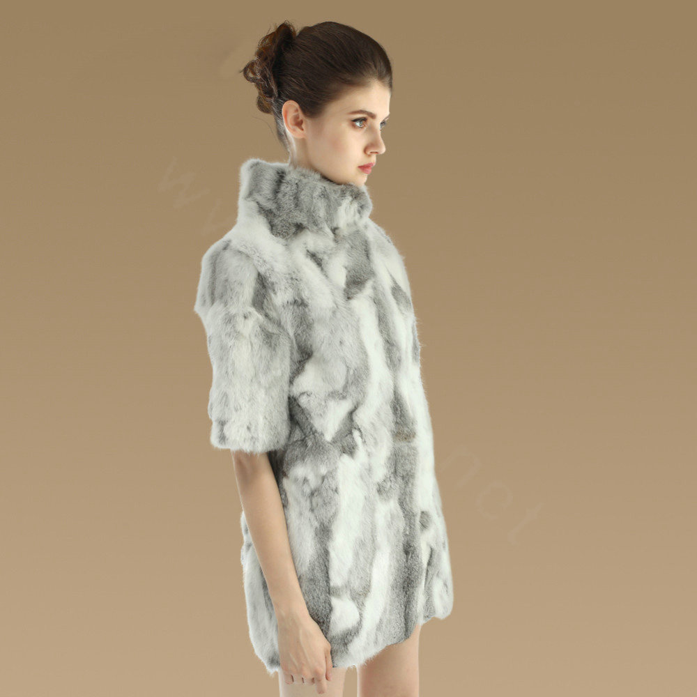 Luxury Genuine Rabbit Fur Coat Women Long Winter Warm Stand Collar Fur Outwear - Natural Grey