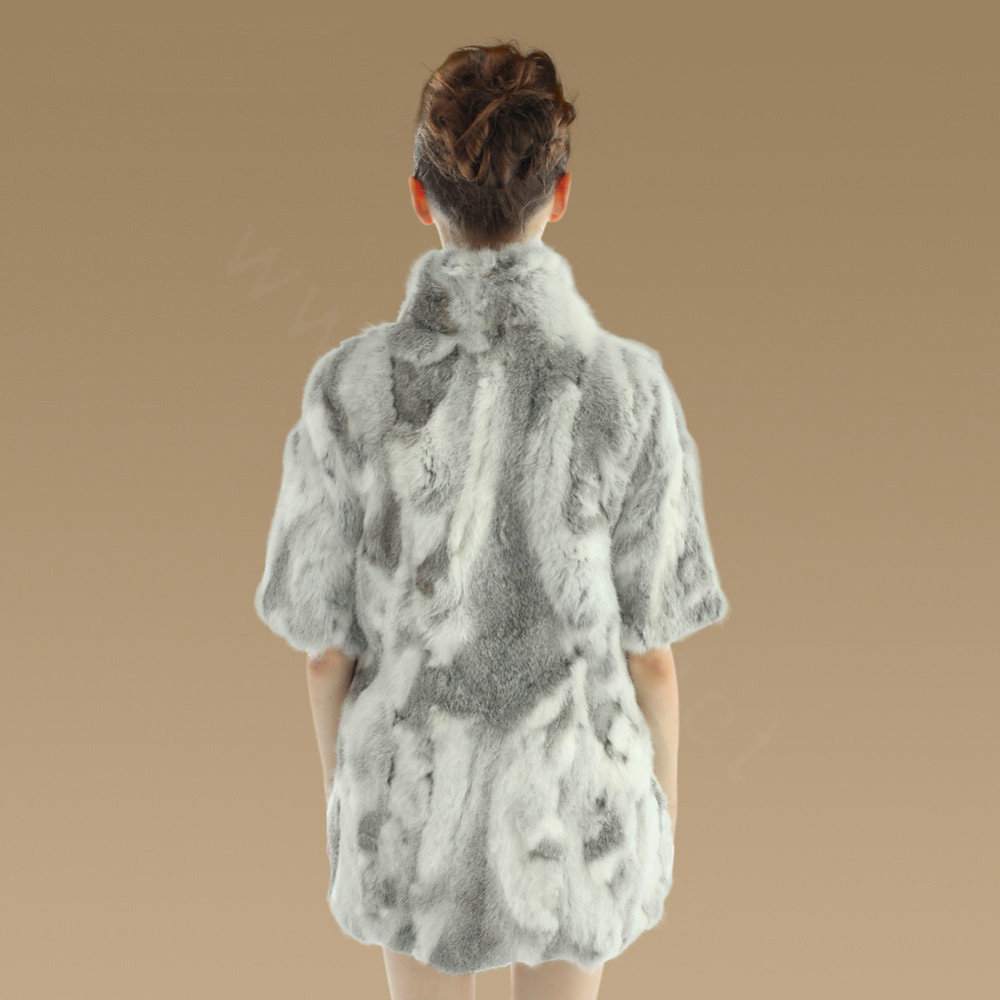 Luxury Genuine Rabbit Fur Coat Women Long Winter Warm Stand Collar Fur Outwear - Natural Grey